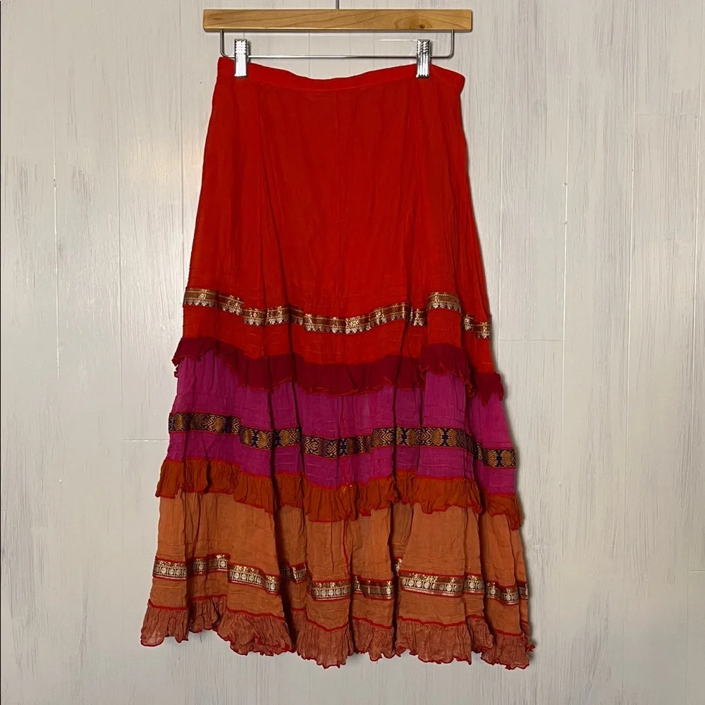 Paul Ropp Bohemian Red and Orange Button-Down Skirt‎ Size XS